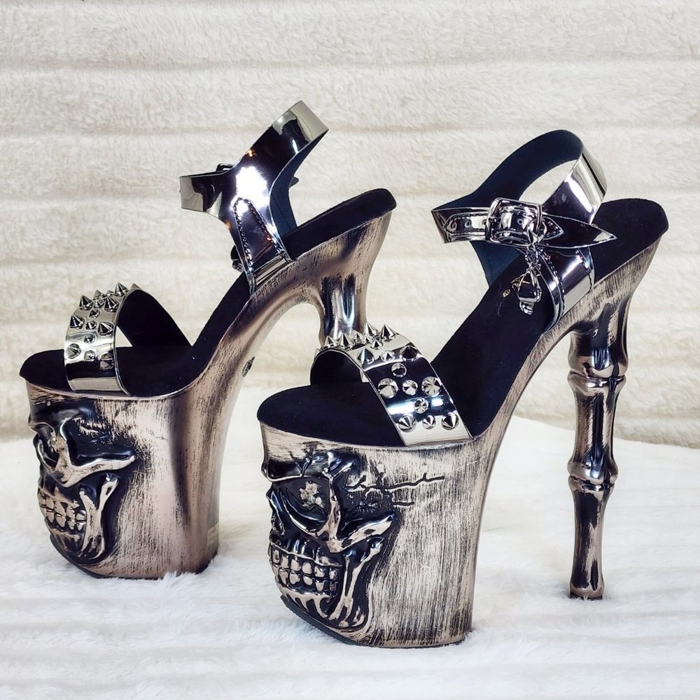 Vortex Pewter Brushed Chrome Skull & Bones Red LED Platform 8" High Heels Shoes - Picture 8 of 15